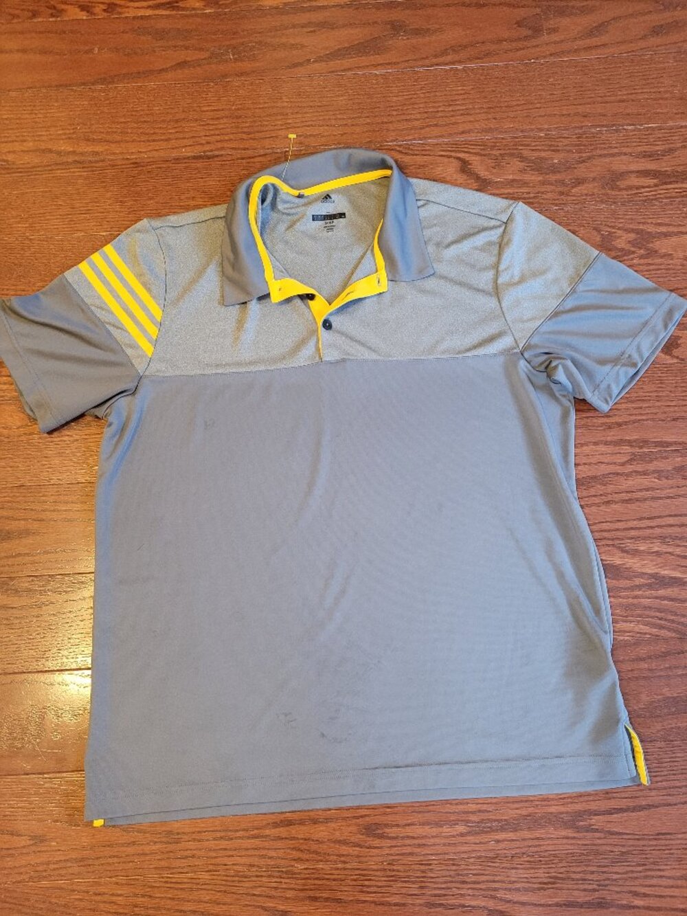 Adidas Golf Polo Grey with Yellow accent 3-Stripes Sz L Athletic Casual Shirt